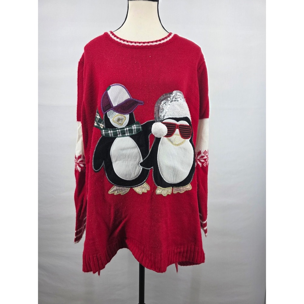 Holiday Time Womens 2X Red Penguin Sequin Ugly ChristmasSweater Plus Size 18W20W